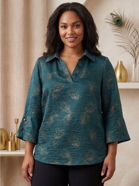 Teal V-Neck Tunic with Gold Print Motif